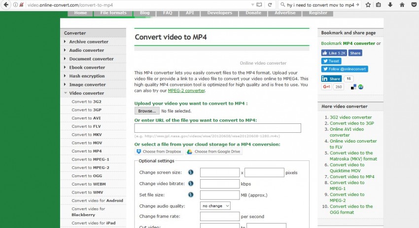 Conversor MOV para MP4 On-line - Online Convert