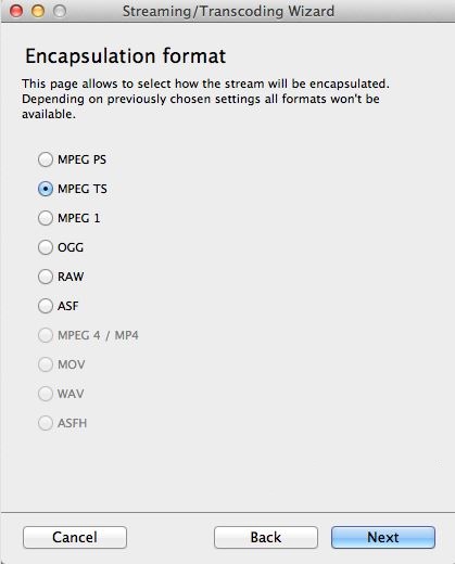 transmitir vlc para tv-escolher mpeg ts