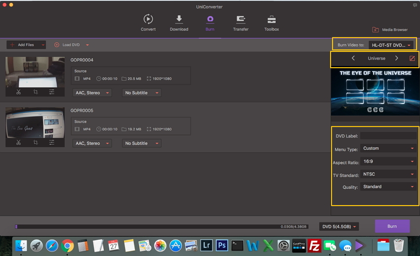 customize camcorder video to DVD burning settings