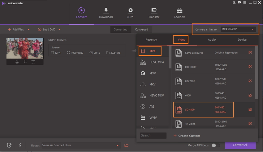 seleziona il formato di output