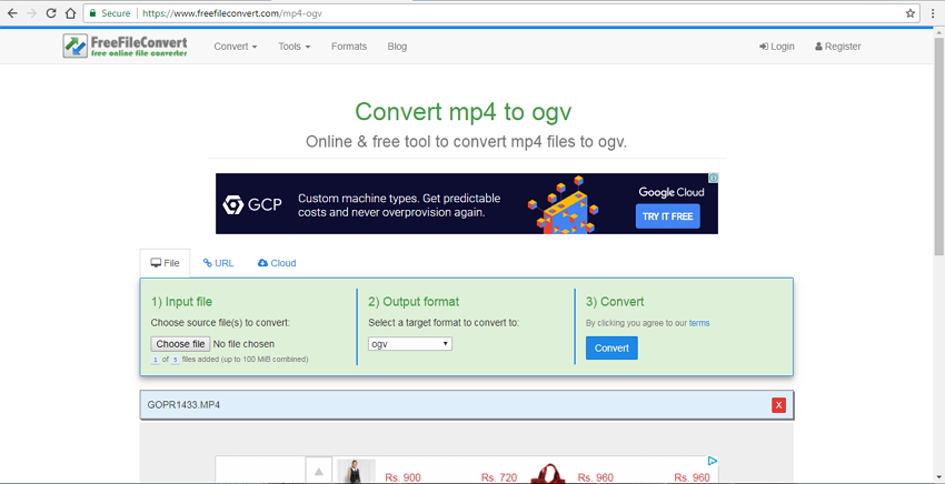 converti MP4 in OGV online con FreeFileConvert