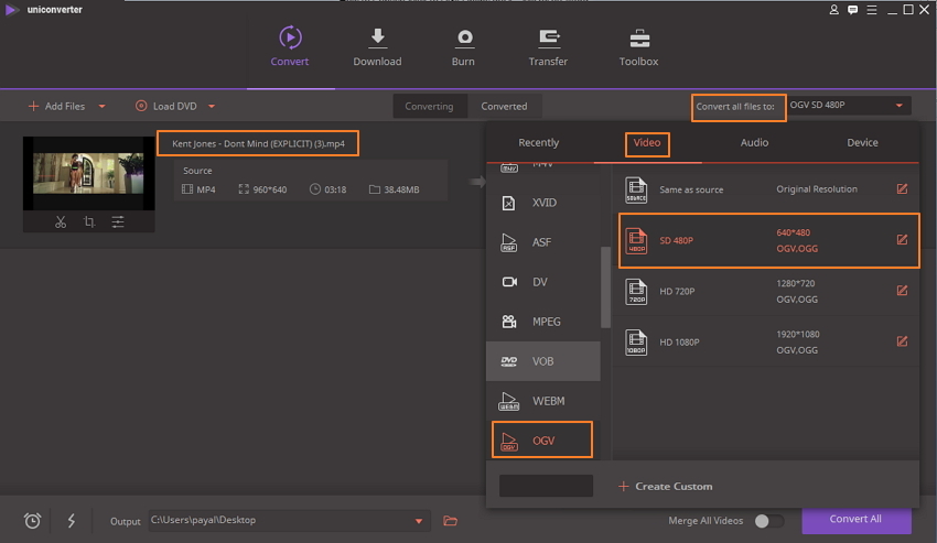 Seleziona OGV come formato di output