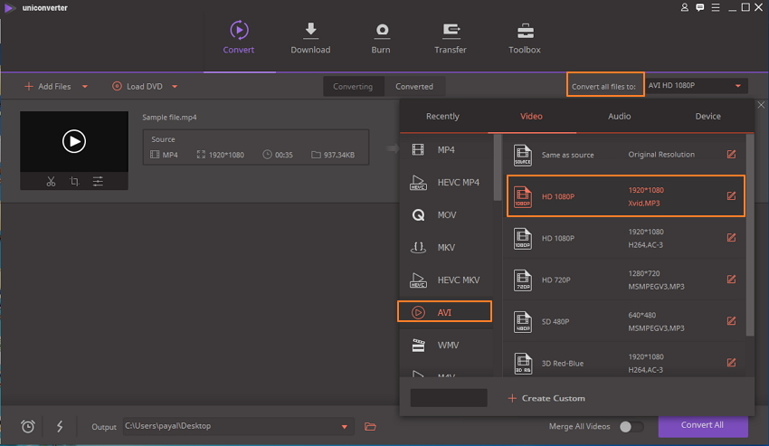  Select desired output format