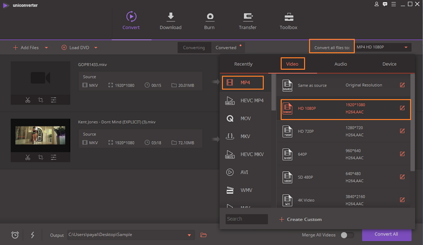 Seleziona MP4 coem formato target