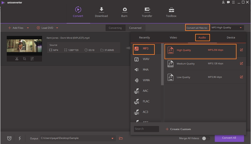 Select MP3 or Audacity supported output format