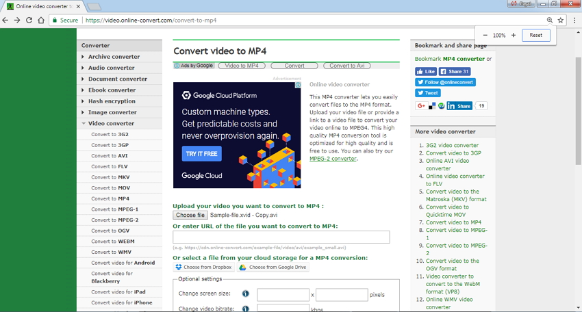 Convertidor de Video a MP4 en Línea Online Convert