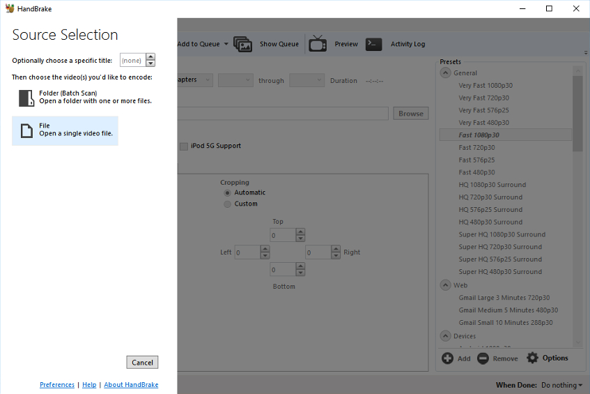 importa un wmv in handbrake