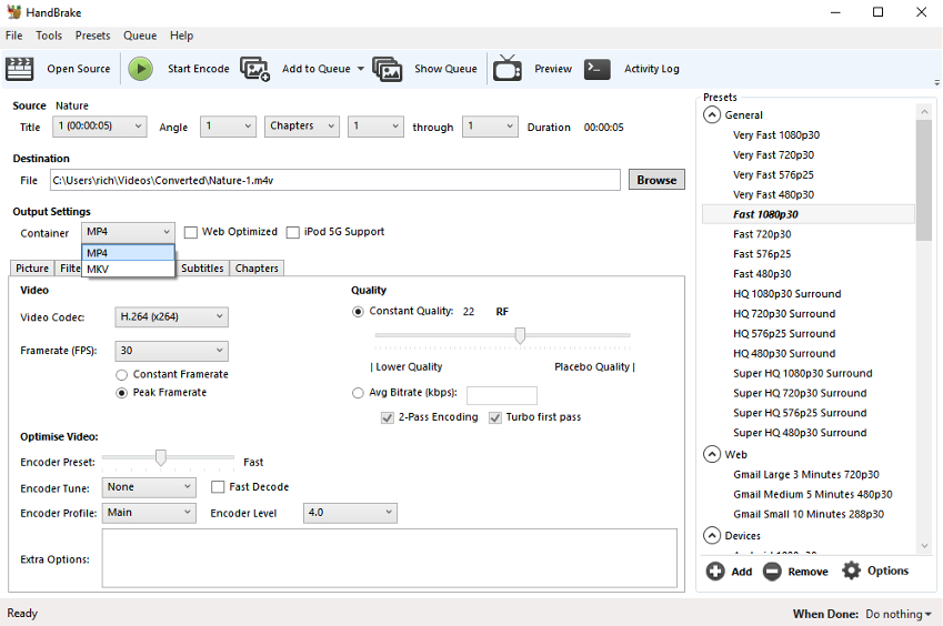 scegli mp4 come formato di output