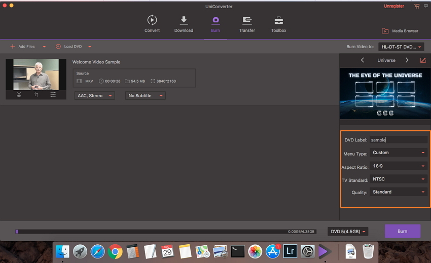 customize MKV to DVD Mac burning settings