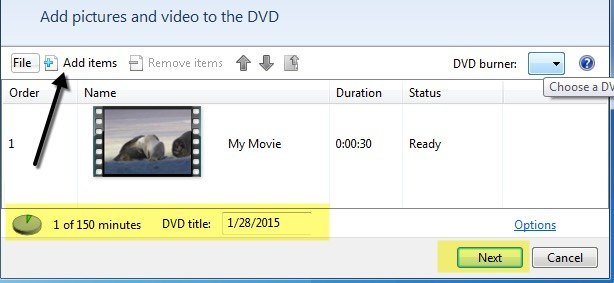 add files to Windows DVD Maker and set the parameters