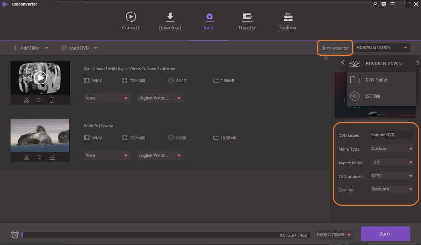 Select DVD burning settings