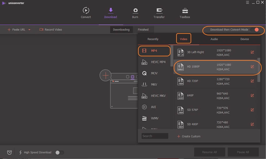 sélectionner le format et la résolution cible