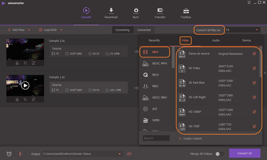 choose MP4 for TS output