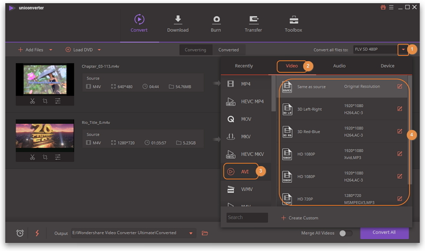 choose AVI as output format in the m4v a avi convertidor