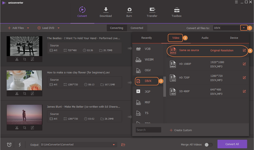 select output format for avi to divx conversion