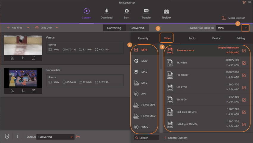 définir le format de sortie vidéo