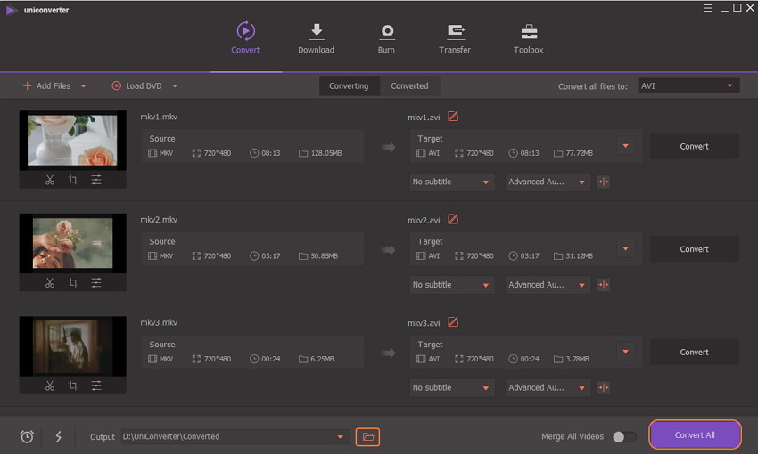 convert all MKV to AVI by Uniconverter