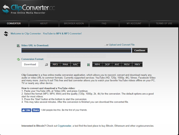 converta mp4 para avi gratuitamente com Clipconverter.cc