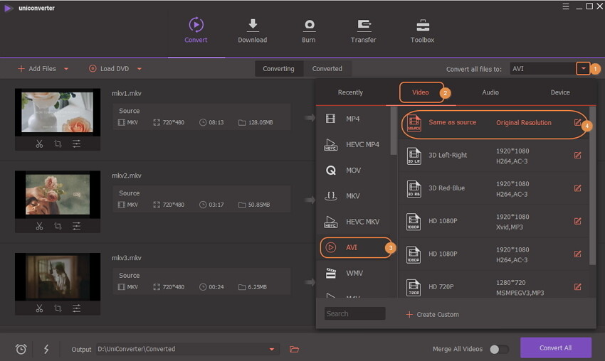 choose AVI format for MKV to AVI conversion