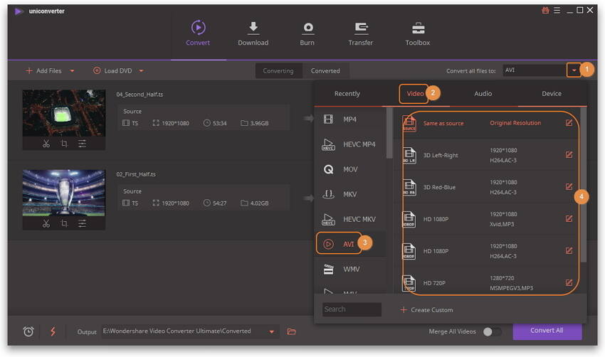 choose output format before ts to avi conversion