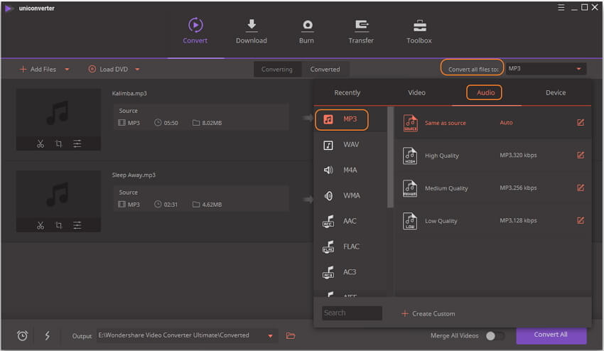 choose MP3 output format