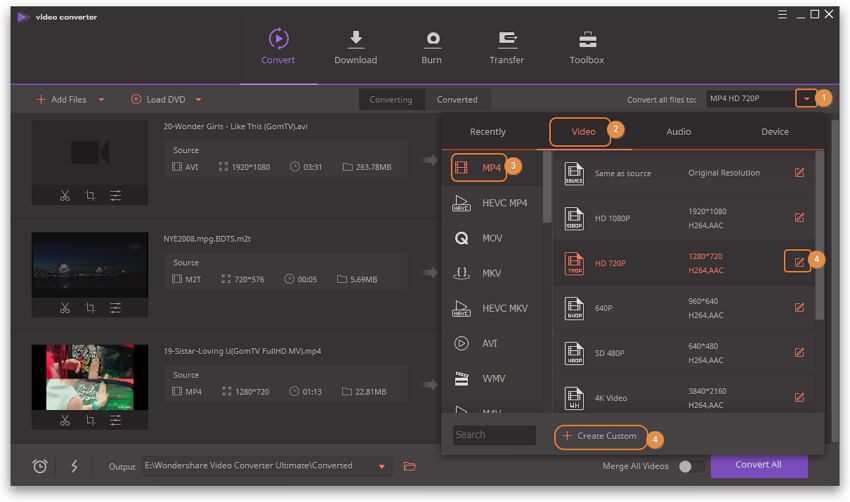 Abra a janela Configurações do formato de vídeo