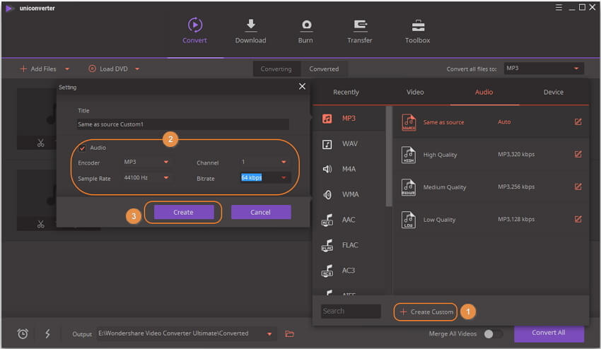 personalizar configurações de compressão de áudio