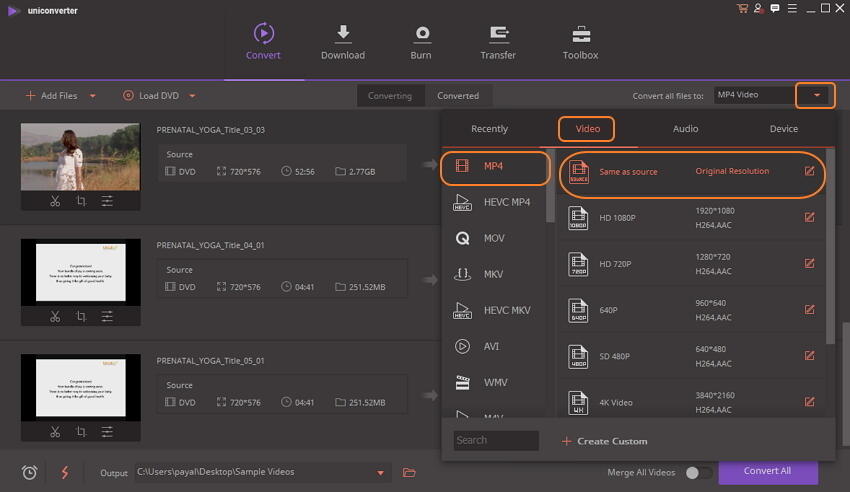 output format voor DVD naar MP4 conversie selecteren