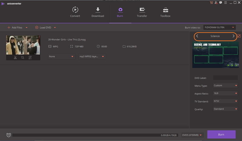 Set DVD Menu template and DVD parameters