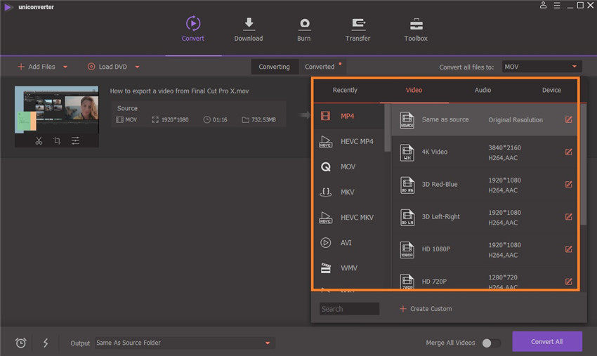 seleziona un formato di output