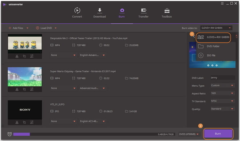 how to burn a dvd with wondershare uniconverter