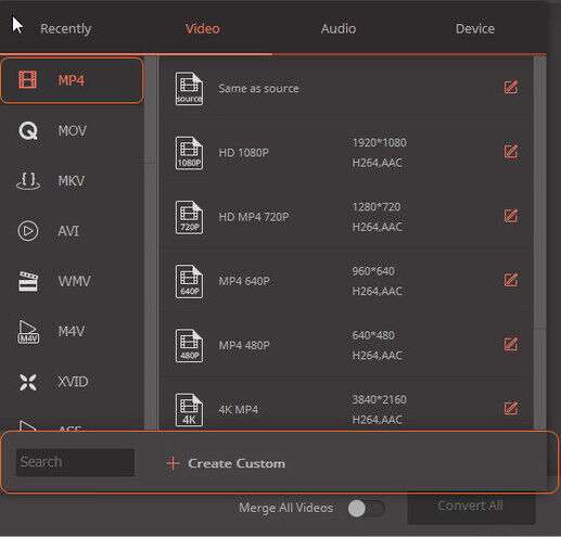 Scegli MP4 come formato di output