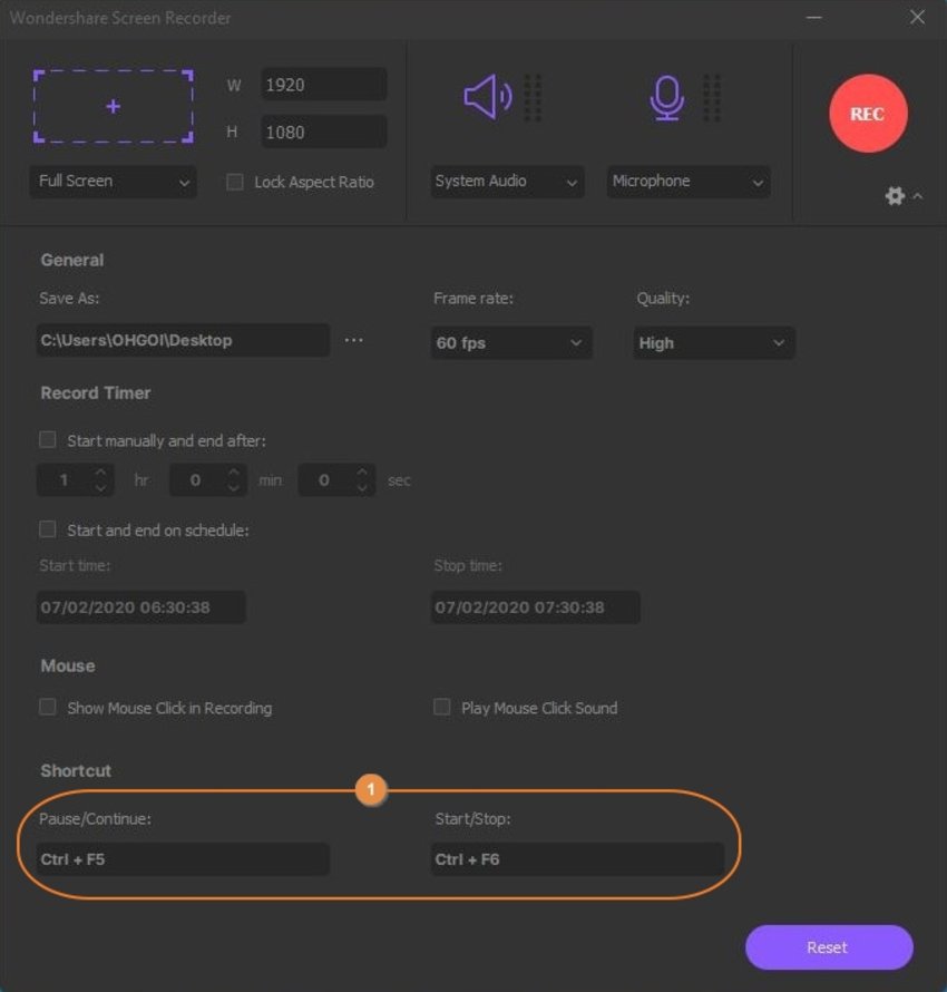 sélectionner les touches de raccourci