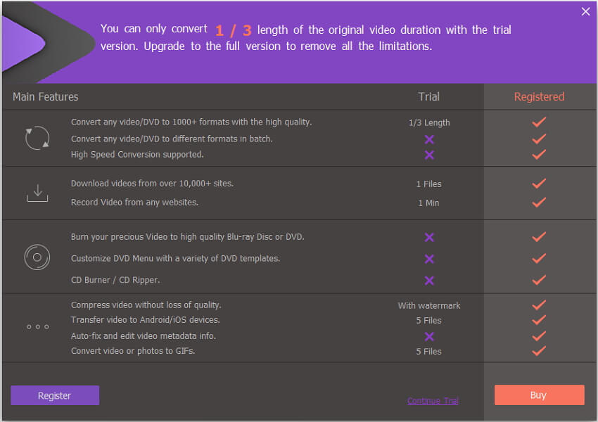 Register Wondershare UniConverter - limits for the trial version