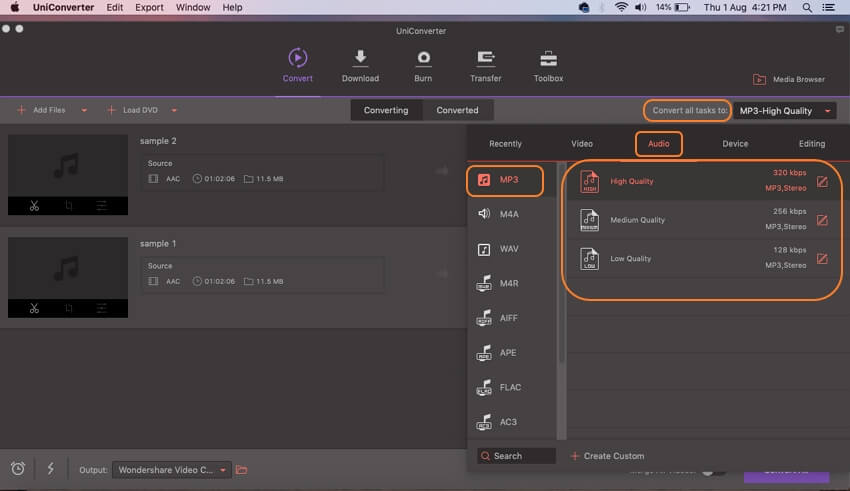 choose output format for AAC/MP3 files