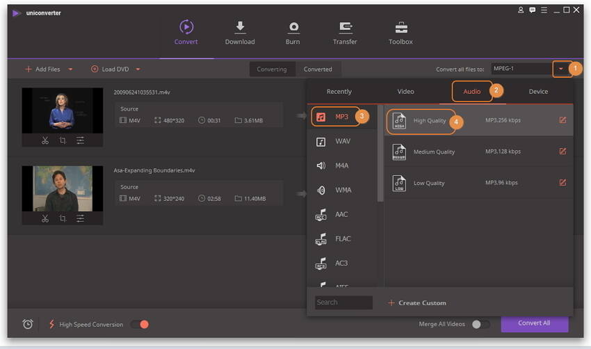 Select MP3 as the output format for M4V