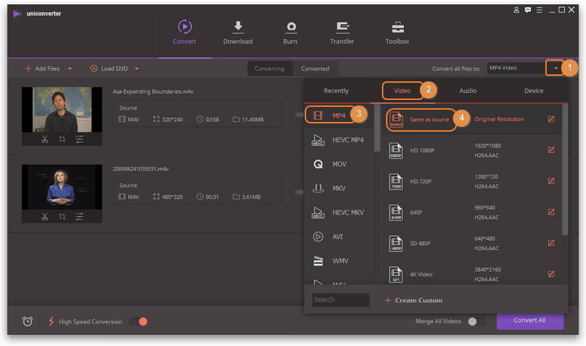 Select the output format like MP4 - Convert M4V