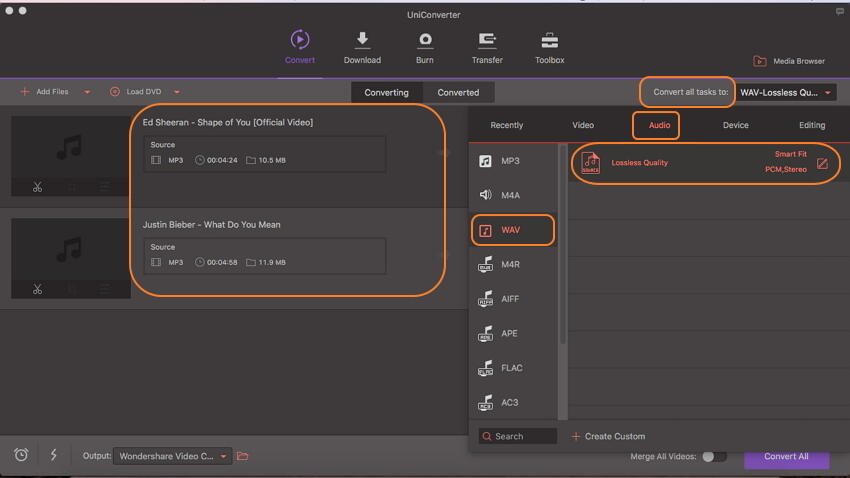 choose wav as output paramat mac