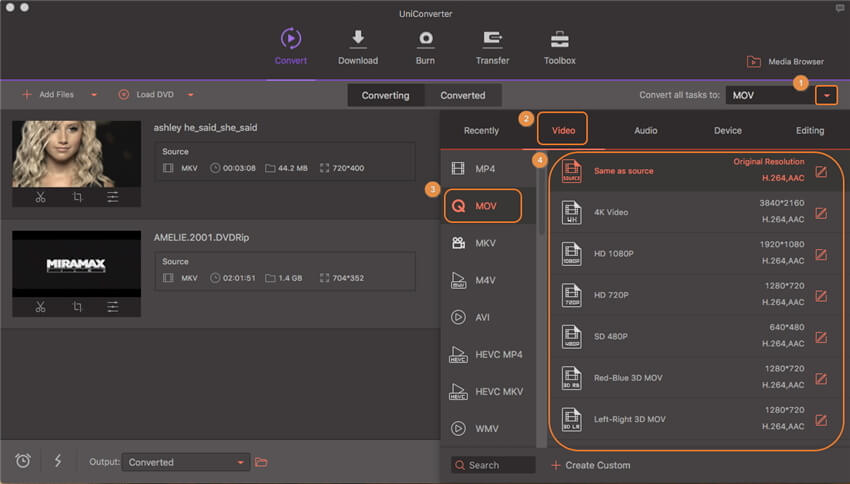 choose mov as output format