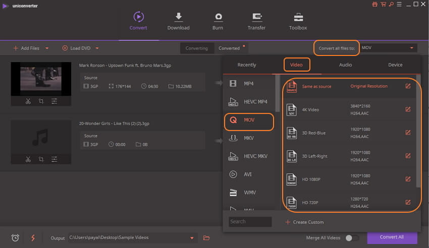 select MOV as 3GP output format