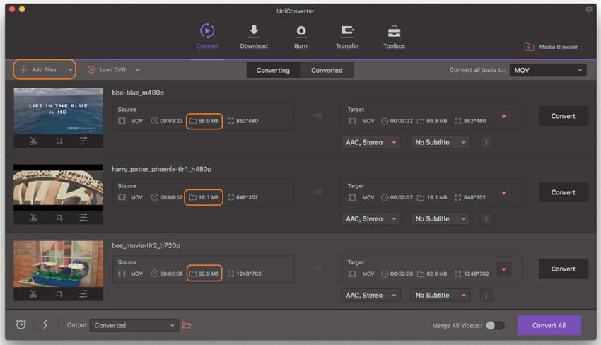 importar vídeo mov para o compressor wondershare