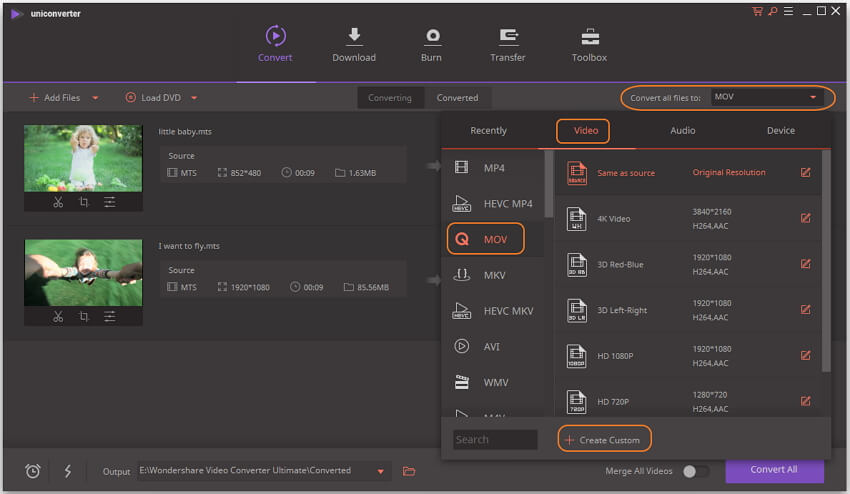 Choose the output format as MOV