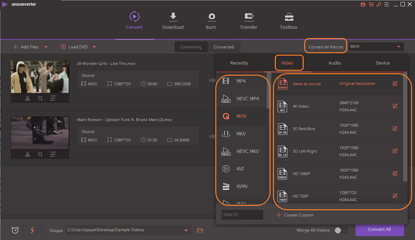 choose MOV output format