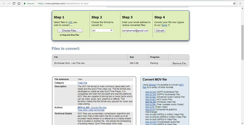convert mov to avi online with Zamzar