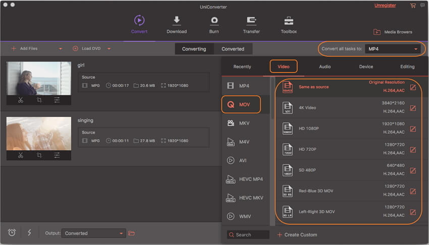 kies mov als mpg output format