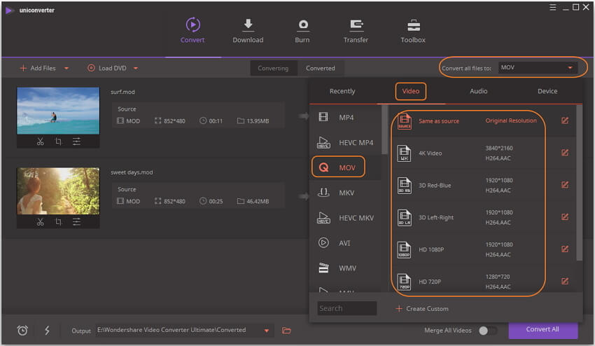 choose MOV as output format