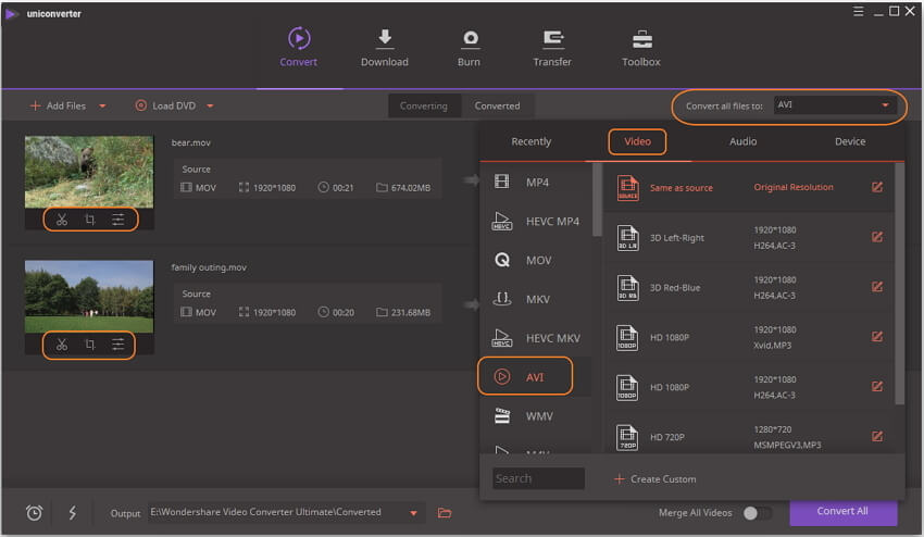 select output format as AVI