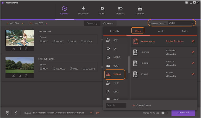 select WebM as MOV target format