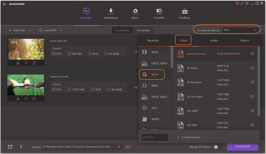 choose MOV as MTS target format