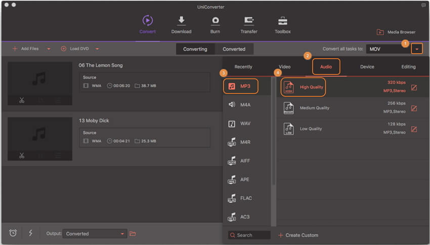 scegli mp3 come formati di output mac